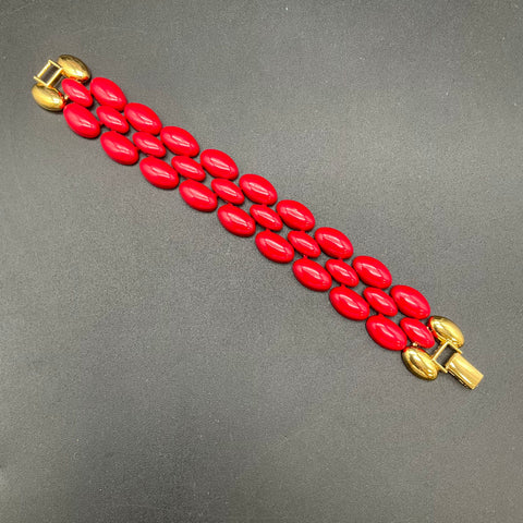 Vintage Signed Napier Red Enamel Gold Tone Necklace and Bracelet Set