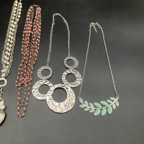 Costume Jewelry Necklace Lot of 6 Silver Tone Beaded Heart Leaf Motif Statement