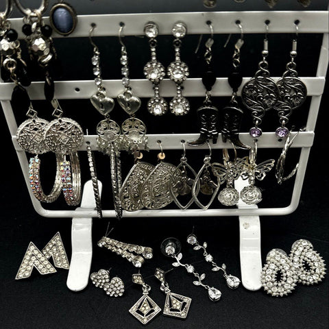 Fashion Earrings Lot 25+ Pairs Silver Gunmetal Rhinestone Hoops Dangle
