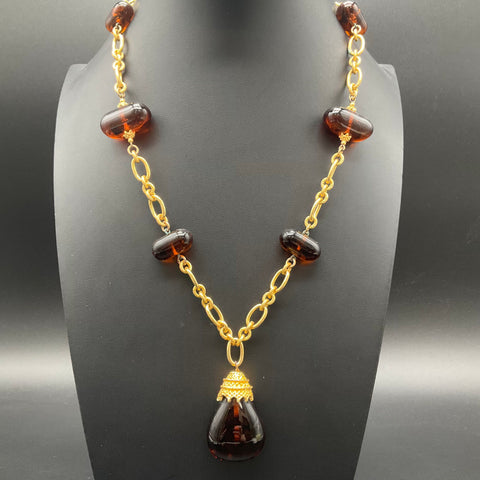 Vintage Mid-Century Gold Tone Faux Tortoiseshell Glass Teardrop Pendant Necklace