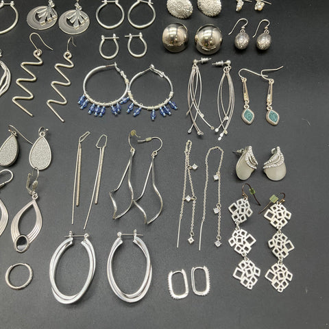Silver Tone Earrings Lot of 38 Pairs Hoops Dangles Studs Vintage to Modern
