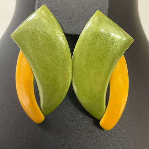 Vintage Edgar Berebi Yellow & Green Enamel Pierced Statement Fashion Earrings