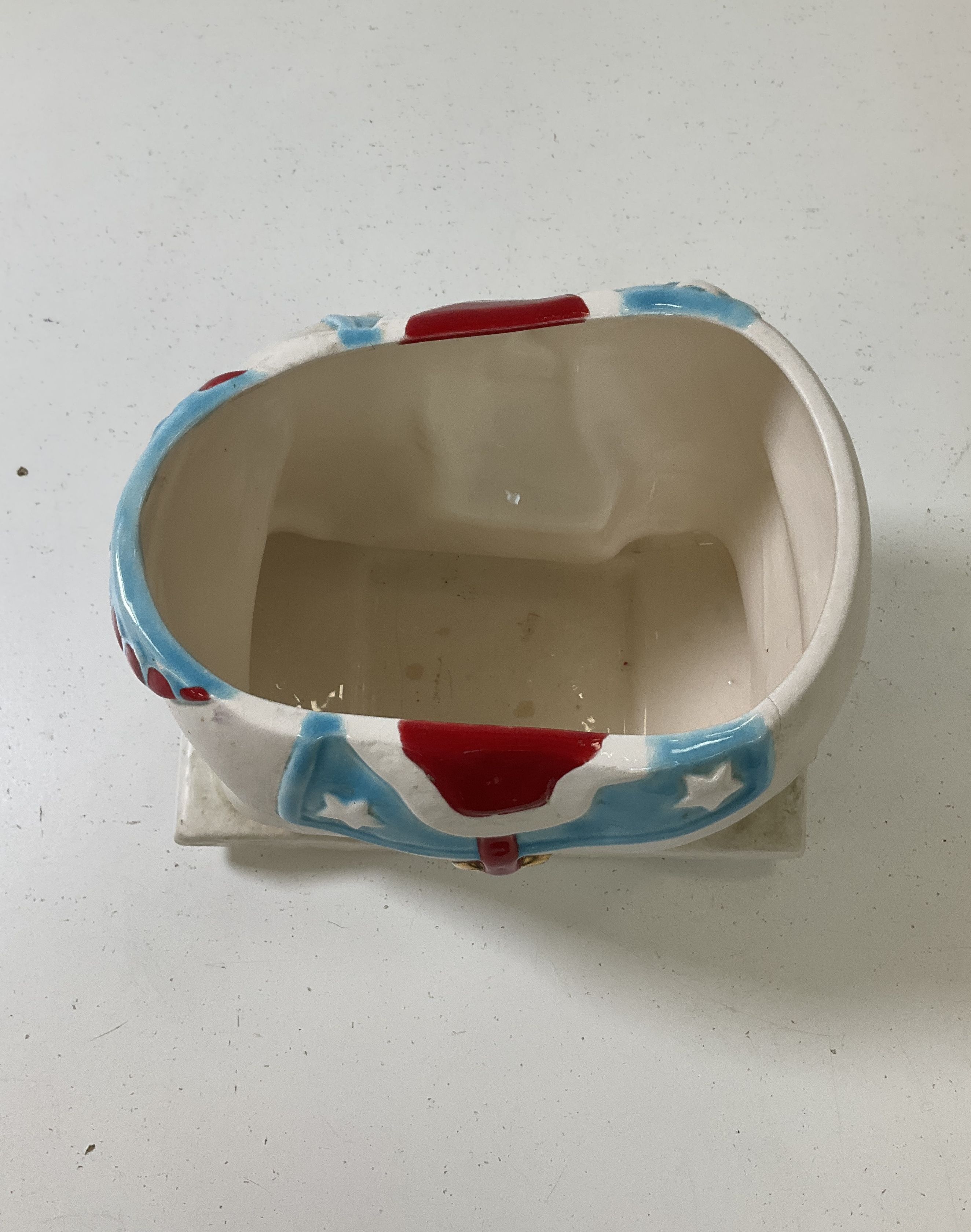 Vintage Alberta's Bisque Rocking Horse Cookie Jar White Red Blue Hand Painted