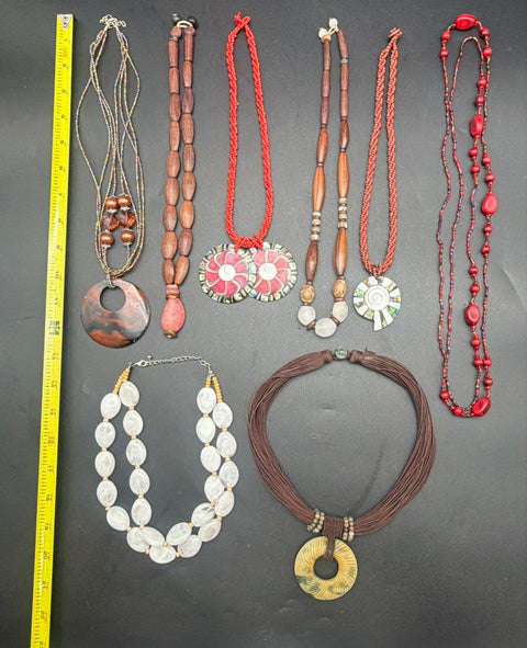 Boho Style Fashion Necklaces Lot of 8 Wood Bead Shell Seed Bead Eclectic Tribal