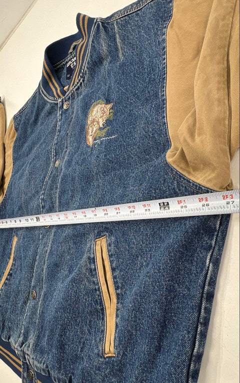 Vintage 90s Boast USA Denim Varsity Jacket Wolf Embroidery Larry Fanning Sz XXL