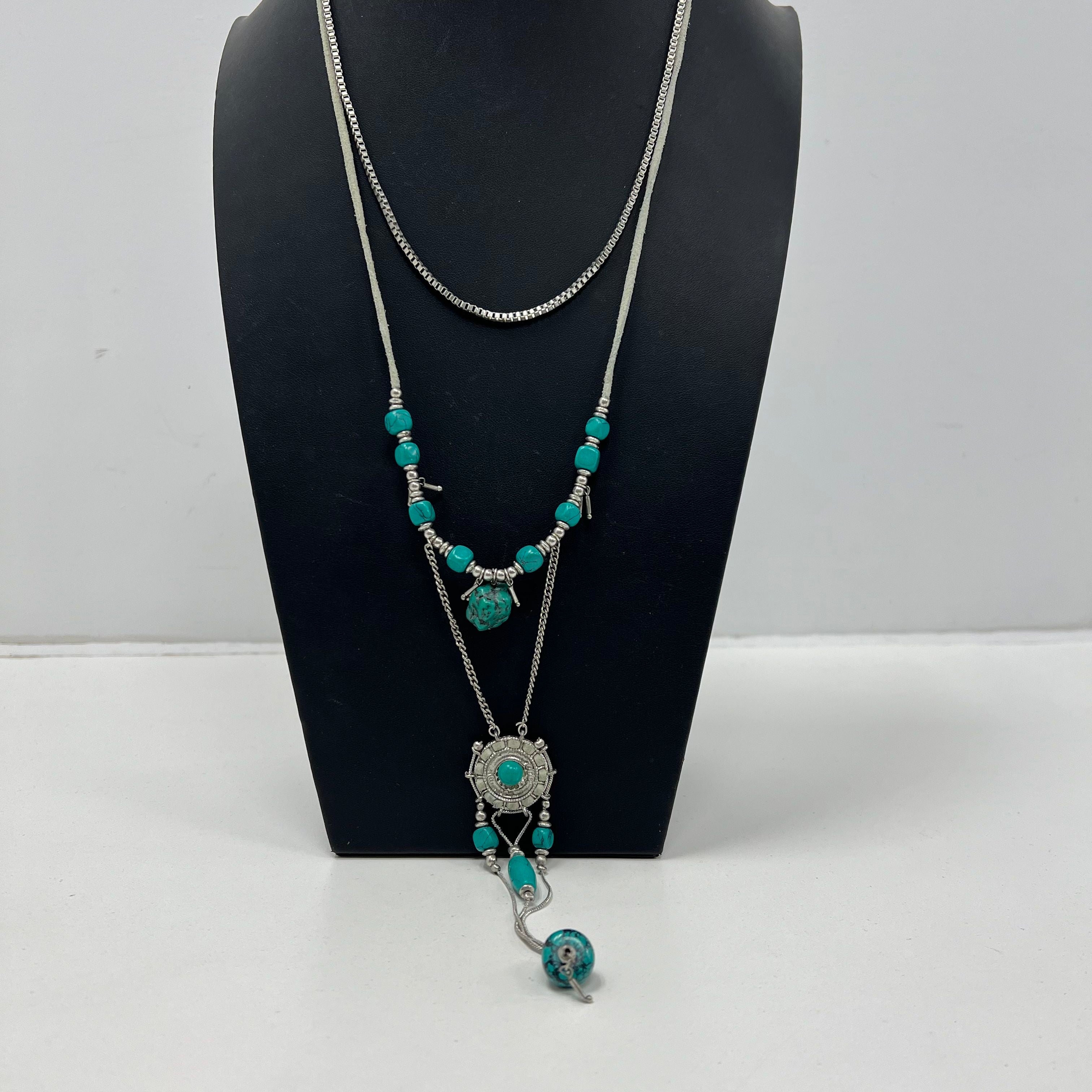 Costume Jewelry Necklace Faux Turquoise Silver Tone Layered