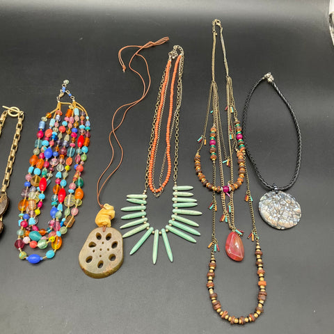 Boho Jewelry Lot 10pc Necklaces Tiger's Eye Wood Stone Shell Beaded Mixed Styles