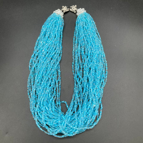 Blue Seed Bead Multi-Strand Necklace Bracelet Clip-On Earrings Jewelry Set 3pc