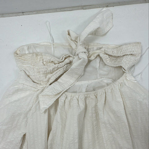 Maeve Anthropologie Women's White Tiered High-Low Seersucker Pom Pom Dress Sz L