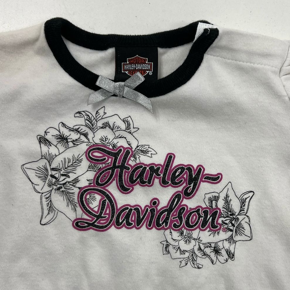 Harley Davidson White Floral Pink Front Logo Long Sleeve Onepiece Baby Girl 6/9M