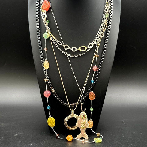 Statement Costume Jewelry Lot 7 Necklaces Fish Pendant Heart Beaded Multi-Strand