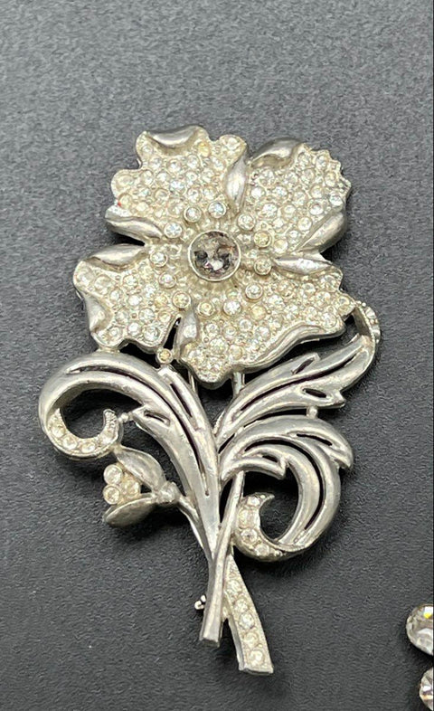 Vintage Silver Tone Rhinestone Floral Brooch Pin Lot of 3 Rose Starburst
