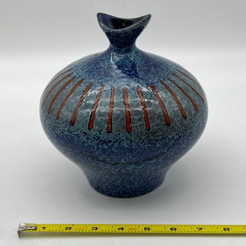Vintage Italian Ceramic Vase Blue Mottled Glaze Mid Century Modern 7 Inch