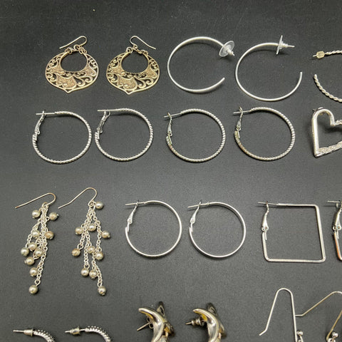 Silver Tone Fashion Earrings Jewelry Lot 32 Pairs Mixed Hoops Dangles Studs