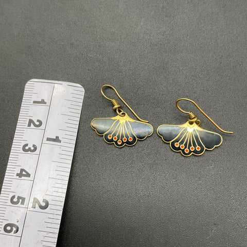 Laurel Burch Black Enamel Desert Flower Dangle Earrings Vintage Gold Tone