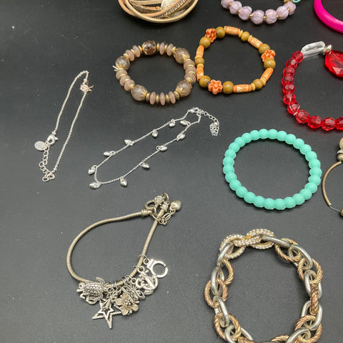 Vintage to Modern Wearable Jewelry Lot 25+ Bracelets Bangles Beaded Charm Chain