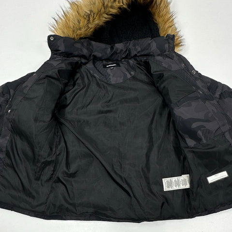 Diesel Kids Black Gray Camo Puffer Coat Faux Fur Hood Parka Sz M 10/12