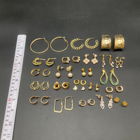 Vintage Gold Tone Costume Jewelry Earrings Lot 23 Pairs Hoops Studs Pearl CZ