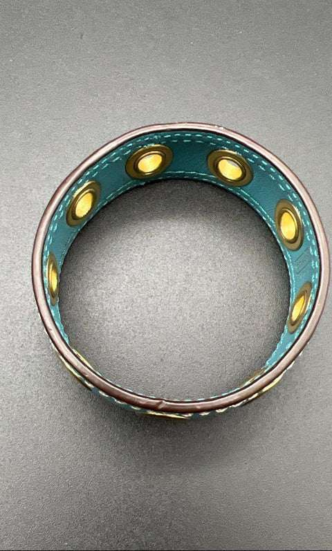 Coach Teal Leather Gold Tone Grommet Bangle Bracelet 2.5" Diameter Signed