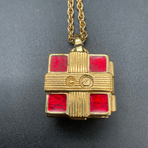 Swarovski Gold Tone Red Enamel Present Gift Box Locket Pendant Necklace