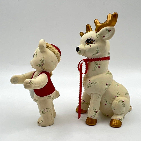 Vintage Ceramic Christmas Figurine Lot Deer and Bear Hand-Painted 2 Pieces