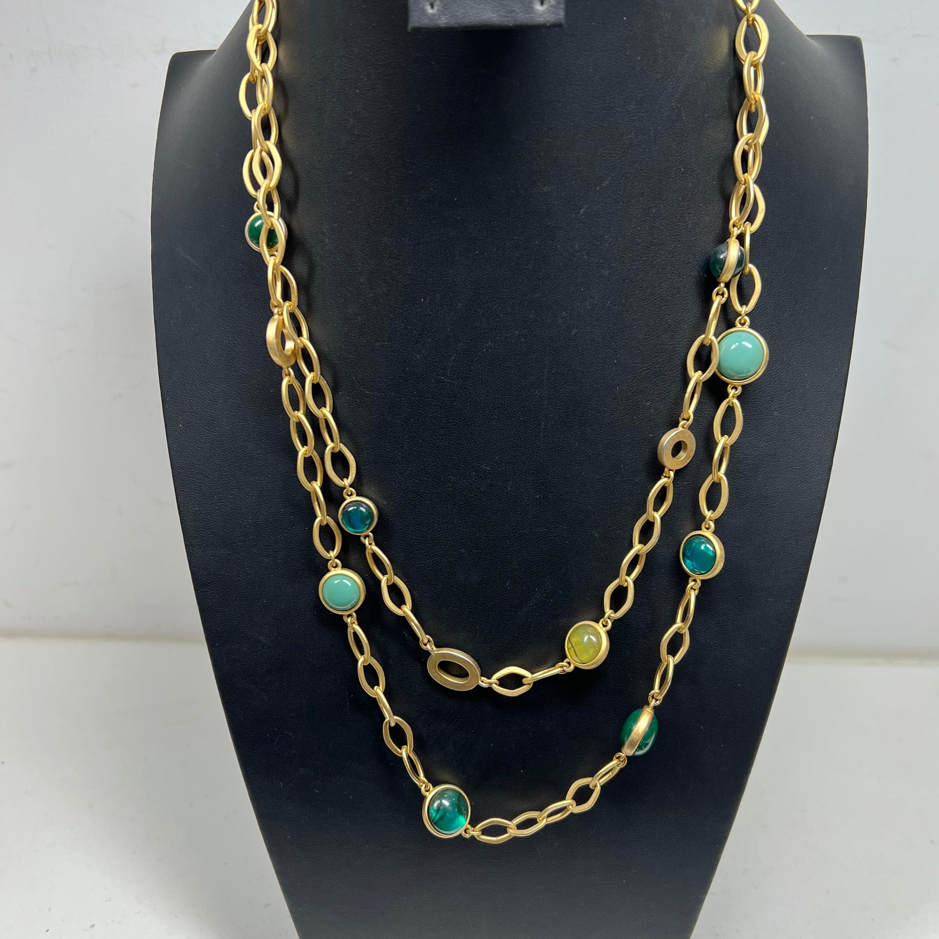 Lot of Green Gold Tone Beaded Chain Necklace Cuff Jewelry Set