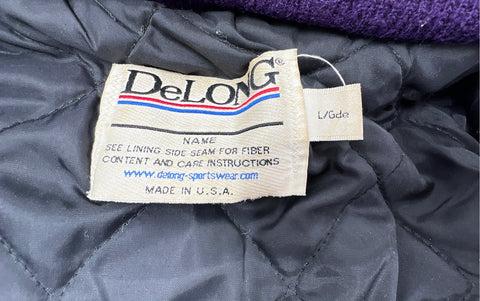 DeLong 2008 Varsity Letterman Jacket Purple Gold Leather Sleeves Made USA Sz L