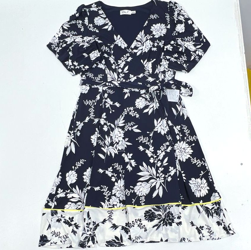 Eliza J NWT Navy White Floral High Low Faux Wrap Ruffle Dress Women's 16