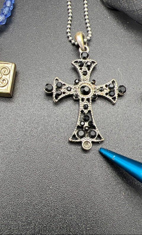 Lot of 6 Rhinestone Cross Pendant Necklaces Gothic Y2K Beaded Ribbon Choker