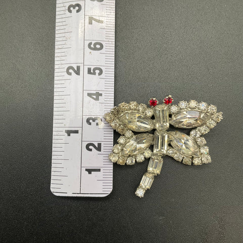 Vintage Weiss Dragonfly Brooch Pin Silver Tone Rhinestone Red Eyes 2"