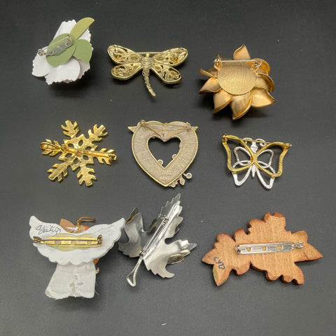 Vintage Costume Jewelry Lot of 9 Brooches Avon Dragonfly Snowflake Floral Heart