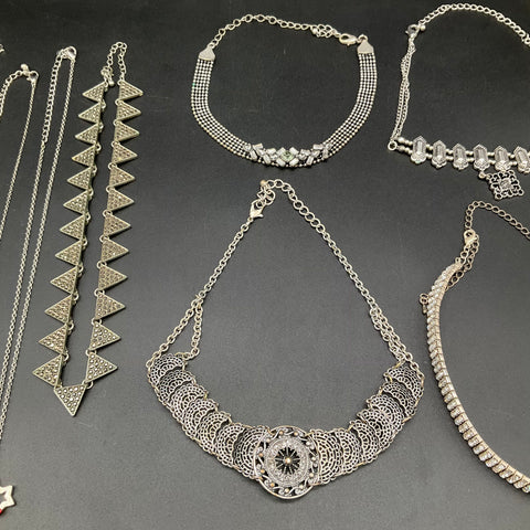 Vintage to Modern Costume Jewelry Lot 0.5 Lbs 12pc Silver Tone Necklaces