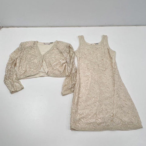 Vintage 80s Lawrence Kazar Beaded Pearl Two Piece Dress Bolero Set Sz M