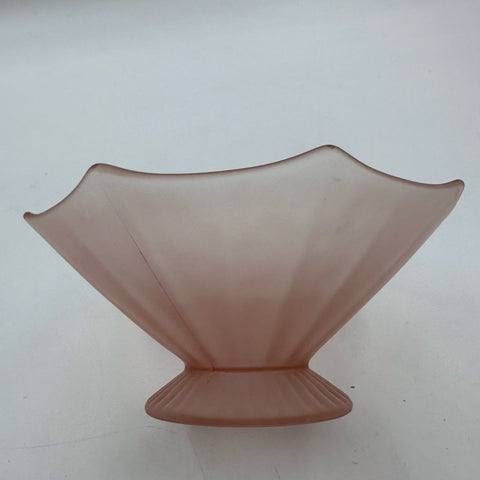 Vintage Pink Satin Glass Bowl Frosted Scalloped Rim Ribbed Pedestal 8 Inch