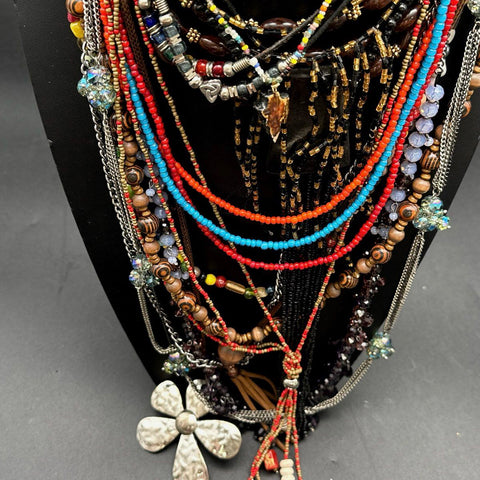 Boho Eclectic Jewelry Lot 15+ Necklaces Wood Seed Bead Tassel Flower Pendants