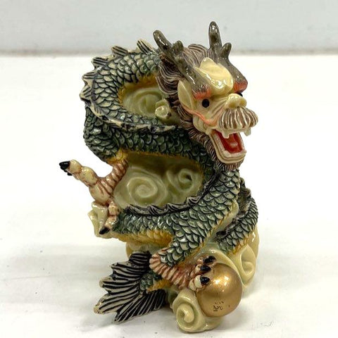 Vintage Chinese Dragon Statue Figurine Green Resin w/ Gold Pearl Asian Decor
