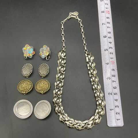 Vintage Coro Costume Jewelry Lot Necklace 4 Pairs Clip On Earrings AB 9 Pcs