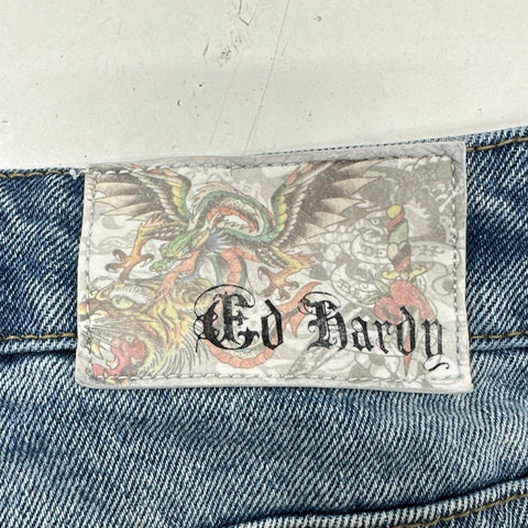 Vintage Y2K Ed Hardy Women's Blue Denim Cut Off Shorts Born Free Swallow Sz L