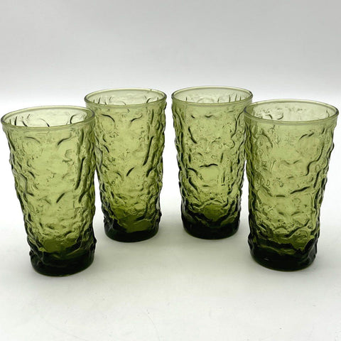 Vintage Pressed Glass Avocado Green Bark Textured Tumblers Set 4 Mid-Century