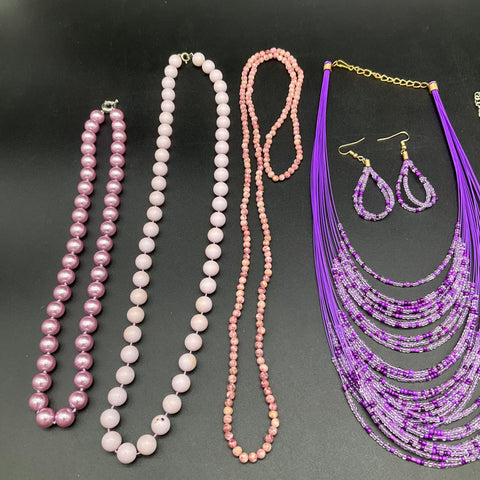 Vintage to Modern Costume Jewelry Lot 10 Necklaces 1 Pair Earrings Pink Purple