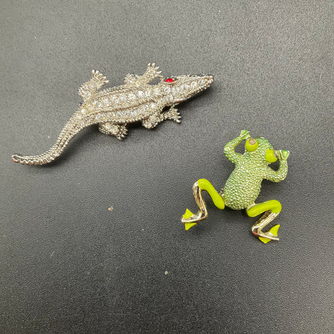 Vintage Costume Jewelry Lot 6 Animal Brooches Rhinestone Enamel Frog Butterfly