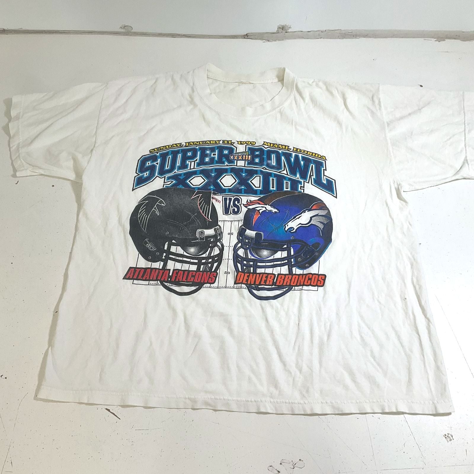 Vintage 90s NFL Super Bowl XXXIII Broncos Falcons T-Shirt Mens L/XL Miami