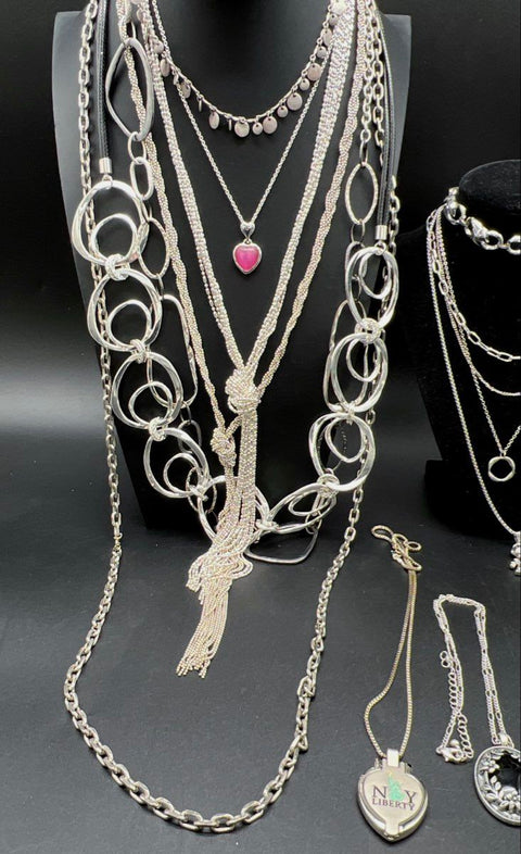 Silver Tone Fashion Jewelry Lot 12 Necklaces Pendants Tassel Heart Astronaut