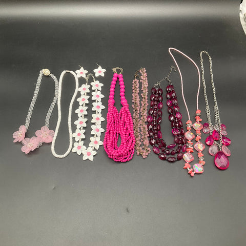Pink Tone Fashion Jewelry Lot 9pc Beaded Floral Multi-Strand Necklaces Earrings