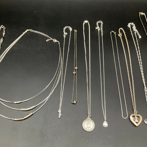 Vintage to Modern Costume Jewelry Lot 14 Necklaces Silver Tone Angel Heart