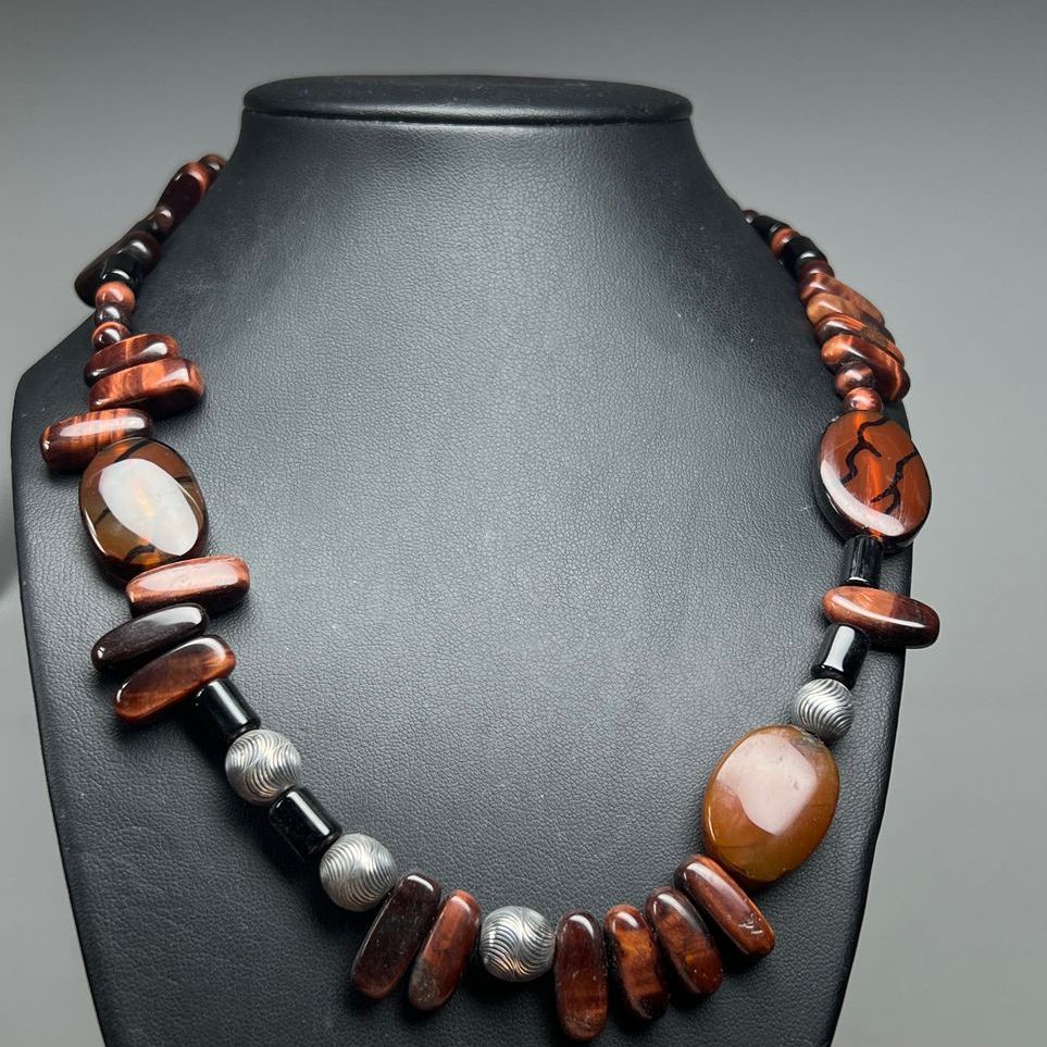 Brown Tiger's Eye Beaded Sterling Silver Beaded Necklace