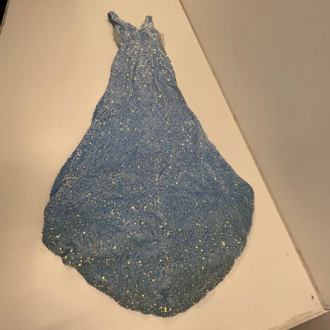 Vintage Y2K Women's Blue Sequined High Low V-Neck Prom Gown Dress Size S