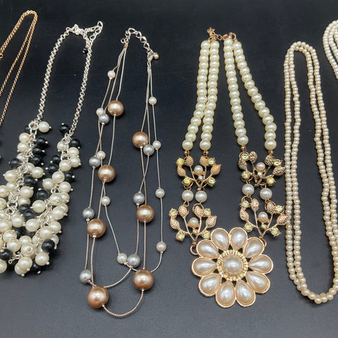Faux Pearl Costume Jewelry Lot 9 Statement Floral Charm Multi-Strand Necklaces