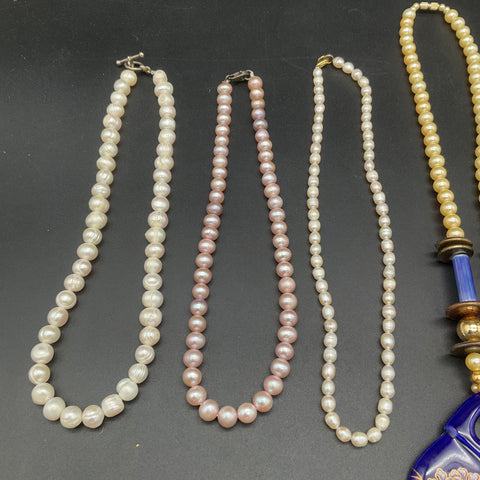 Vintage Asian Ceramic Floral Pendants & Cultured Pearl Necklace Jewelry Lot of 5