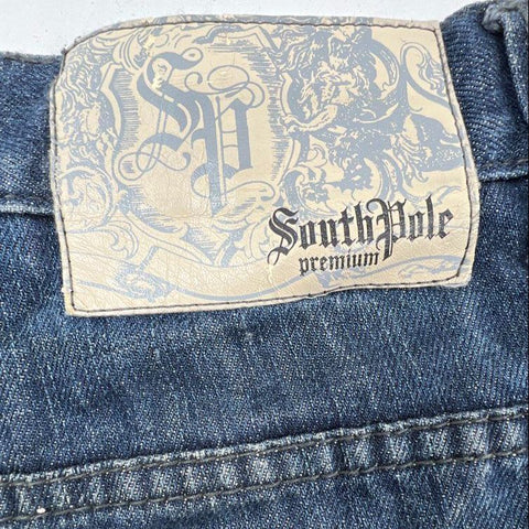 Vintage Y2K South Pole Premium Men's Denim Jorts Blue Embroidered Baggy Sz 38